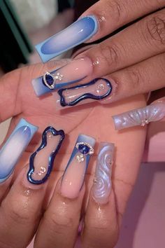 2004 Nails Design, 2024 Acrylic Nail Designs, 2024 Acrylic Nails, Blue Junk Nails, Blue Nail Ideas Acrylic, Nails Acrylic 2024, Blue Glam Nails, Bluey Nail Ideas, Blue Nails Acrylic Design