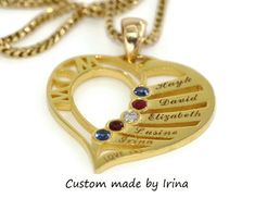 Custom Made Mother's Day Personalized Heart Pendant Necklace with Kids and Grandkids Names + Birthstones.  Meaningful gift that your mother will appreciate and cherish forever.  Metal: 14k solid gold - please choose the gold color at checkout.  Stones: 2 mm Natural High Quality Sapphire, Ruby, Diamond etc.  5 Natural Stones are included.  Weight: Approximately 030 cwt. If you need less stones or more please contact me with any questions and/or custom requests.  Pendant Dimensions of the pendant: Luxury Yellow Gold Birthstone Necklace For Gift, Anniversary Necklaces With 17 Jewels For Valentine's Day, Gold Birthstone Necklace With Heart Cut For Valentine's Day, Mother's Day Yellow Gold Birthstone Necklace For Mom, Gold Heart Cut Birthstone Necklace For Valentine's Day, Gold Birthstone Necklace For Mother's Day Anniversary, Fine Jewelry Stamped 14k For Valentine's Day, Yellow Gold Birthstone Necklace For Mother's Day, Luxury Gold Birthstone Necklace Gift