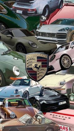 many different colored cars are shown in this collage with one car on the front