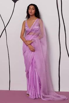 Purple sheer pre-stitched saree with sequin embroidered floral patterns. Comes with padded crystal embellished blouse. - Aza Fashions Net Blouse, Draped Saree, Stitched Saree, Motif Embroidery, Purple Saree, Net Blouses, Bridal Shower Outfit, Drape Saree, Ready To Wear Saree