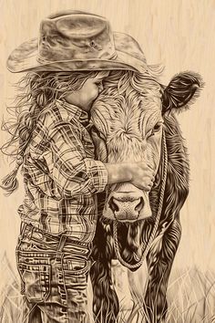 a black and white drawing of a cow with a girl hugging it's face