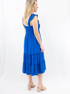 A casual midi dress is perfect for a weekend lunch date or to throw on when you need to look cute without trying. This ruffle sleeve royal blue dress features a smocked chest, tiered ruffle skirt, and midi length. SIZE & FIT Fit is true to size Model is 5'6" wearing size small Weekend Lunch, Casual Midi Dress, Tiered Ruffle Skirt, Royal Blue Dress, Lunch Date, Midi Dress Casual, Ruffle Skirt, Blue Dress, Square Neck