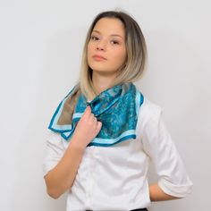 A pure silk scarf in a square cut, with a unique design that is handmade, in different colors so you can choose the one that fits you. SIZE 70 centimetres by 70 centimetres WEIGHT 26gr FABRIC Each scarf is made with pure silk crepe satin, with 12mm thickness COLOR Colours may appear different in the photo because of camera angles or shadows. Primary colour: Blue HOW TO CARE FOR YOUR SCARF Submerge in lukewarm water with liquid soap  Leave to dry in shadowy place Iron damp with a hot iron Any que Chic Rectangular Silk Scarf As A Gift, Chic Rectangular Silk Scarf For Gifts, Luxury Rectangular Scarves, Chic Silk Scarves For Gifts, Chic Silk Scarves Perfect For Gifts, Elegant Silk Square Scarves, Blue Square Scarves For Gifts, Trendy Blue Silk Scarves, Blue Square Scarves As Gift