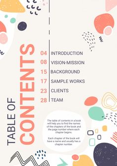 the table of contents flyer is shown with colorful circles and shapes on it, including an arrow