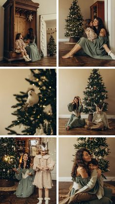 four different pictures of people sitting around a christmas tree and one is holding a baby