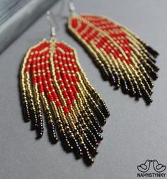 Leaf Red Long earrings Autumn Chandelier beaded earrings Gold | Etsy Red Bohemian Beaded Earrings With Gold Beads, Bohemian Red Beaded Earrings With Gold Beads, Red Gold Beaded Drop Earrings, Elegant Red Earrings With Gold Beads, Beading Earrings, Fringe Earring, Beadwork Earrings, Popular Earrings, Bead Fringe