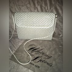 Whiting And Davis Vintage White Handbag Comes With Original Bag Brand New, Never Used Pristine Condition White Crossbody Evening Bag For Shopping, White Luxury Rectangular Evening Bag, Luxury White Rectangular Evening Bag, White Clutch Evening Bag, White Luxury Evening Bag With Detachable Strap, Luxury White Evening Bag With Detachable Strap, Elegant White Handheld Evening Bag, White Crossbody Evening Bag With Detachable Strap, White Satchel Evening Bag With Detachable Strap