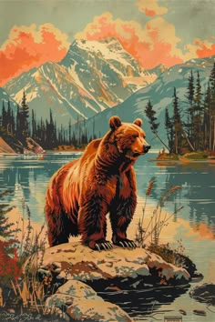 a painting of a brown bear standing on a rock in front of a mountain lake