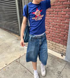 #fashion #shorts #summerstyle #hollywood #streetstyle #streetwear #mensfashion Jnco Jorts Outfit, Jort Outfits Boys, Y2k Shorts Men, Dark Blue Jorts Outfit, Masc Summer Fits, Mens Jean Shorts Outfits, Jorts Outfits Men, Masc Shorts, Jean Shorts Men Outfit