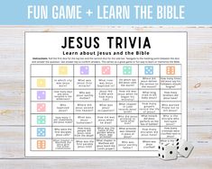 jesus trivia game with dices next to it and the words fun game - learn the bible