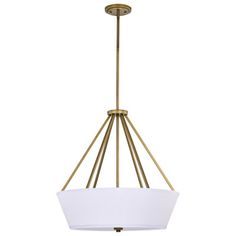 a large brass chandelier with white shades on the bottom and an oval shade