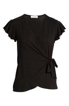 A true-wrap silhouette features fabulous, fluttery short sleeves and a tie closure at the waist. 24 1/2" length Surplice V-neck Cap sleeves 95% rayon, 5% spandex Machine wash, dry flat Imported Elegant Black Wrap Top For Spring, Black Wrap Top For Spring, Black Wrap Top For Workwear, Black V-neck Wrap Top For Work, Black Wrap Top For Work, Versatile Fitted Short Sleeve Wrap Top, Chic Fitted Short Sleeve Wrap Top, Versatile Fitted Wrap Top With Short Sleeves, Chic Black Wrap Top For Summer