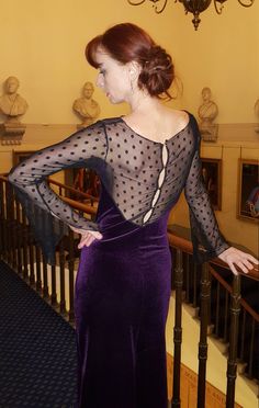 Dress to impress; Pure class and glamour, Simplicity and Sophistication  Features:  - soft stretch velvet spandex in dark purple shade  - luxury delicate black dotty soft net on sleeves and back panel - slim/pencil cut - 2 side slits allowing movement - flared sleeves with small slits - decorative buttons at the back   - length below knees Size UK 8-10, EU 36-38, USA 4-6 .  For other sizes please send your measurements: Bust, waist, hips and height.   Black velvet is available as well. Fitted Purple Midi Dress For Evening, Elegant Stretch Velvet Party Dress, Elegant Stretch Purple Midi Dress, Elegant Purple Stretch Midi Dress, Elegant Stretch Velvet Dress, Purple Fitted Midi Evening Dress, Purple Stretch Midi Dress For Evening, Stretch Purple Midi Dress For Evening, Chic Fitted Purple Evening Dress