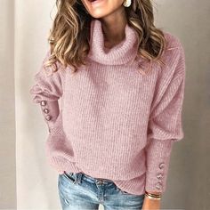 Munlar Womens Cardigan Sweaters,Women's Turtleneck Knitted Jumper Sweater Long Sleeve Elegant Casual Sweatershirts Size: 4;6;8;10;12;14;16;18.  Color: Pink.  Gender: female.  Age Group: adult. Loose Knitwear, Estilo Hipster, Chique Outfit, Oversized Turtleneck, Women Sweaters Winter, Winter Pullover, Button Sweater, Estilo Chic, High Neck Sweater