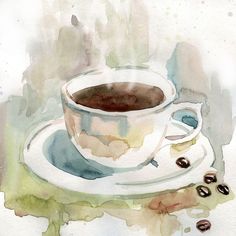 Soft Mornign Blend II by Carol Robinson-VARPDX45079 Image 1 Paintings Of Coffee Cups, Watercolor Coffee Painting, Coffee Cup Art Paintings, Watercolor Art Plants, Kitchen Watercolor Art, Watercolor Art Coffee, Watercolor Coffee Cup, Coffee Prints, Coffee Art Painting