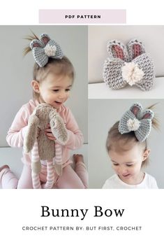 the bunny bow crochet pattern is shown in three different pictures, including one with a