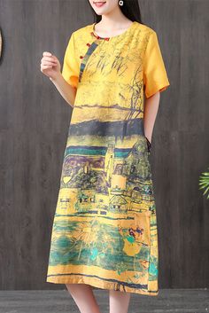 Plus Size-Summer Vintage Cotton Linen Dress Yellow Dress Material: Cotton Linen Collar: O-neck Pattern: Scenery Season: Spring. Summer. Fall Cotton Linen Dresses, Summer Vintage, Dress Yellow, Plus Size Summer, Vintage Summer, Dress Material, Neck Pattern, Vintage Cotton, Linen Dress