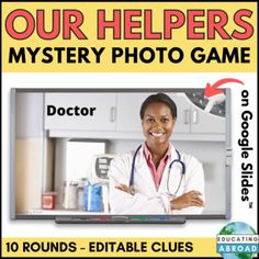 a doctor is smiling for the camera in front of a computer screen with text that reads, our helpers mystery photo game 10 rounds - edible clues