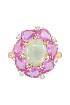 SUTRA-Pink Sapphire White Opal Ring-ROSE GOLD Opalescent Sapphire Ring, Pink Opal Rings With Gemstone, Elegant Pink Opal Ring Jewelry, Pink Opal Jewelry With Natural Stones, Luxury Pink Opal Ring, Luxury Pink Opal Round Jewelry, Rock Ring, Pink Sapphire Engagement Ring, Rose Gold Opal Ring