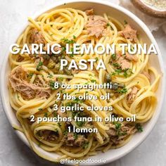 garlic lemon tuna pasta in a white bowl