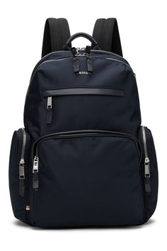 BOSS: Navy Structured-Material Backpack | SSENSE Business Trip Backpack With Functional Pockets, Navy Standard Backpack For On-the-go, Navy Backpack With Adjustable Strap For Travel, Navy Travel Backpack With Adjustable Strap, Navy Backpack With Zipper Closure, Navy Nylon Backpack, Navy Travel Backpack, Interior Logo, Luggage Strap