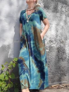 Green Blue Maxi Tie Dye Dress, S-XL Super Soft Boho Dress, Dress with Pockets, Cruise Maxi Dress, Short Sleeve T-Shirt Dress, Hand Dyed   I am 5'3", modeling a size small (53" long). It almost reaches the floor when I have no shoes on - about 1-2" up from the ground. The bigger sizes are longer, see below! IN the LAST PHOTO; I have an almost identical color combo & a similar dress in ALL SIZES! https://vacationwardrobe.etsy.com/listing/1504805746 This color is FAB with some shell jewelry - reall Blue Casual Short Sleeve Maxi Dress, Casual Blue Maxi Dress With Short Sleeves, Casual Turquoise V-neck Maxi Dress, Casual Blue Maxi Dress With Relaxed Fit, Turquoise V-neck Casual Maxi Dress, Casual Blue Relaxed Fit Maxi Dress, Casual Turquoise Maxi Dress With V-neck, Blue Casual Relaxed Fit Dress, Blue Casual Dress With Relaxed Fit