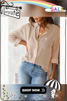 Khaki Striped Print Long Sleeve Pocket Shirt Casual Beige Tops With Roll-up Sleeves, Long Sleeve Tops With Pockets For Day Out, Collared Blouse With Pockets For Day Out, Long Sleeve Tops With Roll-up Sleeves For Day Out, Fall Shirt With Roll-up Sleeves For Day Out, Trendy Beige Long Sleeve Shirt, Button-up Blouse With Pockets For Day Out, Long Sleeve Shirt With Roll-up Sleeves For Day Out, Chic Blouse With Roll-up Sleeves For Day Out