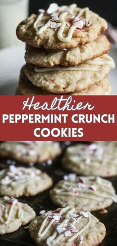 Pictures of peppermint crunch cookies on the top and bottom with text overlay in the middle.