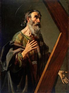 a painting of a man holding a cross with his hands and looking at the viewer