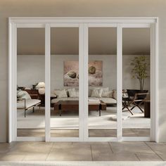 an open living room with sliding glass doors