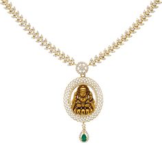 The rich array of cz stones and gleaming emerald adda high shine and luster to this 22k yellow gold temple necklace. Features • 22k yellow gold • Cubic zirconia • Emerald Virani Jeweler's 22k gold necklace collection brings together the beauty and significance of Indian culture and traditions. Find beautiful Indian jewelry like this gold necklace on our website. Specifications • Minimum Necklace Width - 1 millimeters • Maximum Necklace Width - 62 millimeters • Necklace Length - 21 inches • Weigh Luxury 22k Gold Spiritual Necklace, Luxury Fusion Style Temple Necklace In 22k Gold, Luxury Gold Emerald Necklace For Diwali, Luxury Yellow Gold Emerald Necklace In Temple Style, Green Tilla Temple Necklace Luxury, Luxury Green Tilla Temple Necklace, Luxury Hand Set Yellow Gold Emerald Necklace, Luxury Traditional Yellow Gold Beaded Necklaces, Luxury 22k Gold Heirloom Jewelry