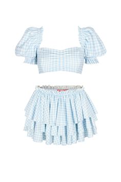 The Blue Gingham Babydoll Bikini Top Light Blue Skirts, Silk Dressing Gown, Corset Skirt, Timeless Symbol, Puff Dress, British Fashion, Knitted Coat, Blue Gingham, Gingham Print