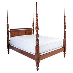 a bed with four posts and a mattress on it's side, against a white background