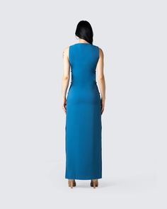 Jenara Navy Maxi Dress Blue Split Maxi Dress For Evening, Blue Split Evening Dress, Blue Sleeveless Dress With Split Design, Fitted Blue Dress With Split Design, Fitted Blue Dresses With Split Design, Party Maxi Dress With Back Zipper, Blue Party Dress With Split Design, Fitted Maxi Dress With Back Zipper, Blue Split Dress With Side Slits