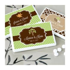 three personalized coasters with candy bar wrappers