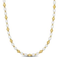 Introducing the exquisite Cultured Freshwater Pearl & Ball Bead Necklace in a stunning silver yellow hue. This necklace combines the delicate beauty of cultured freshwater pearls with the modern charm of ball beads. Crafted with meticulous attention to detail, this dainty and minimalist necklace features a station necklace design, perfect for layering and stacking with other pieces. Its length measures 16 inches with a 1-inch extender, allowing for a customized fit. The lobster clasp ensures sec Yellow Gold Pearl Necklace With Gold Beads, Rondelle Pearl Necklace With Polished Beads, Gold Akoya Pearl Beaded Necklace, Gold Pearl Necklaces With Oval Beads, Elegant Gold Pearl Necklace With Oval Beads, Delicate Beauty, Necklace Design, Visual Display, Station Necklace