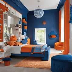 an orange and blue bedroom is shown in this image, it's very colorful