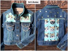 Girls kitten jean jacket with all hand-crafted embellishments... -cute kitten inlay on back -yellow gemstones on back -teal and pink double accent stitching along upper back -pink accent stitching along front pockets -teal accent stitching along front seams, cuffs and collar Cute Fitted Denim Jacket With Pockets, Cute Fitted Denim Jacket, Cute Fitted Blue Denim Jacket, Denim Cowgirl, Lined Flannel Shirt, Custom Denim Jacket, Teal Accents, Custom Denim, Yellow Gemstones