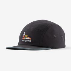 The five-panel Graphic Maclure Hat has a mid-crown fit and is made of 100% organic cotton canvas with a brim built from NetPlus® 100% recycled fishing nets. Made in a Fair Trade Certified™ factory. | Patagonia Graphic Maclure Hat in Ink Black - Trucker Hats & Caps - Organic Cotton/Recycled Polyester/Pfas Five Panel Hat, Black Trucker Hat, Fall 24, Fishing Nets, Panel Hat, Green Hats, Body Size, Trucker Hats, Hats For Men