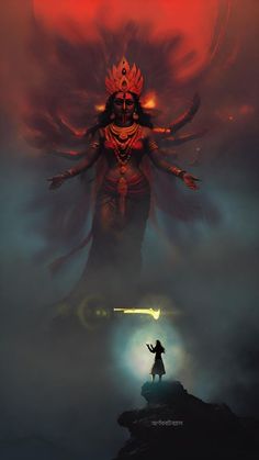 a man standing on top of a cliff next to a giant demon in the sky