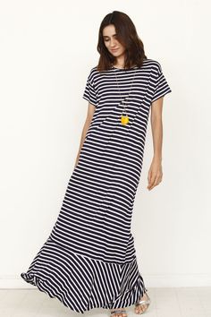 95% Rayon 5% Spandex Made in the USA Casual Short Sleeve Maxi Dress With Ruffles, Casual Striped Midi Dress With Ruffles, Casual Cotton Maxi Dress With Ruffle Hem, Casual Stretch Dress With Ruffle Hem, Casual Stretch Midi Dress With Ruffle Hem, Navy Stripes, Lounge Pants, Striped Shorts, Made In The Usa