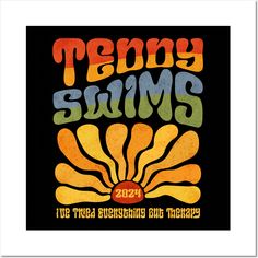 a poster with the words jenny swims and an image of sunflowers on it