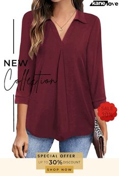 Lapel Solid Color 3/4 Sleeve Pullover Blouses Elevate Your Style, Outerwear Women, Your Style, Shop Now, Blouses, Solid Color, Free Shipping, Color