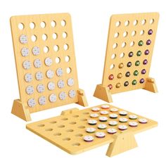 two wooden peg board games with different colored buttons