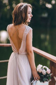 A-line Cap Sleeves Silver Long Tulle  Beach Wedding Dress  WD323 - Pgmdress Wedding Seperates, Rustic Wedding Dress, Wedding Dresses Near Me, Cheap Bridal Dresses, Long Gown For Wedding, Sweep Train Wedding Dress, Boho Wedding Dresses, Wedding Gown Backless, Wedding Dress Cap Sleeves