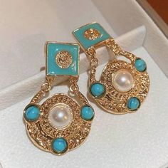 Stunning French Vintage Style Drop Fashion Earrings With * Gemstones And Pearl * Color: Blue,Gold,White * 925 Silver Needle * Stud * Copper Alloy * Height: (1.6" Inch) (4cm) * Width: (1" Inch) (2.5cm) Elegant Blue Metal Clip-on Earrings, Blue Metal Drop Clip-on Earrings, Jewelry Lookbook, Pearl Color, French Style, Vintage Earrings, Blue Gold, French Vintage, Fashion Earrings