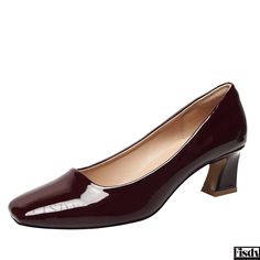 Fisdy - Classically Minimalist Single Shoes: Elegant Chunky Heeled Square-Toe Pumps in Small Sizes with a Shallow Mouth Design Elegant Chunky Heels, Retro Minimalist, Rough Heels, Square Toe Shoes, Elegant Heels, Patent Leather Heels, Sole Shoes, Olivia Mark, Petite Size