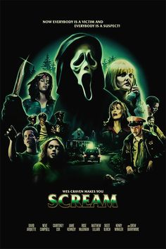 the scream movie poster with many people in it, including an adult and child's face