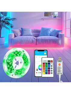 an image of a living room setting with remote control and color changing led strip lights