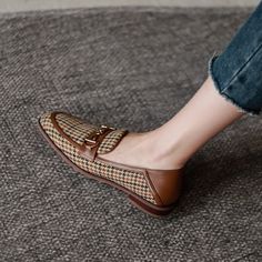 When classic plaid pattern combined with modern design. you get chick and comfy.Item SpecificationUpper Material: Cotton Fabric & Genuine Leather Lining Material: WoolInsole: WoolOut Sole: RubberToe: Round ToeClosure: Slip onFashion Element: Plaid. Metal Decoration Beige Flats For Workwear In Fall, Casual Office Flats For Fall, Trendy Beige Fall Loafers, Beige Office Loafers For Fall, Beige Casual Flats For Business, Casual Beige Flats For Business, Trendy Business Casual Flats For Fall, Casual Business Flats For Fall, Trendy Brown Flats For Work